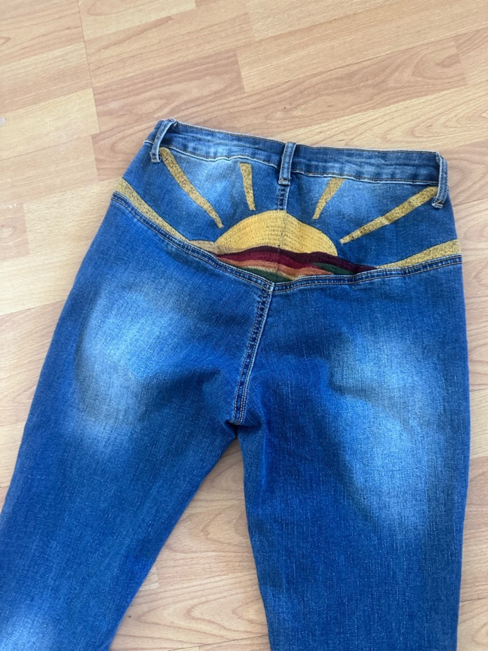 High-Rise Blue Denim Jeans with Sunrise Embroidery